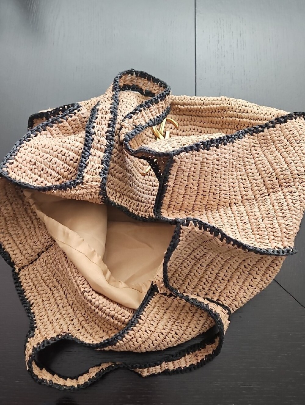 Raffia Satchel Tote in Tan with Black Trim and Gold Logo-Designer Inspired - Picture 5 of 10